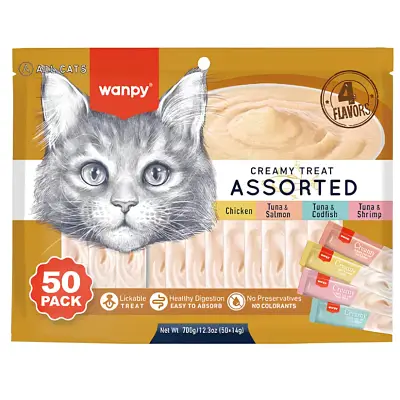 Petisco para gatos Wanpy Creamy sabores sortidos com 50 tubos de 14g