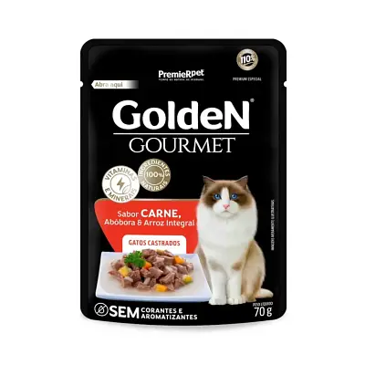 Ração Úmida Premier Golden Gourmet Gatos Castrados Adultos Carne Sachê 70g