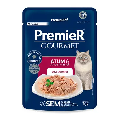Ração Úmida Premier Gourmet Gatos Adultos Castrados Atum E Arroz Integral 70gr