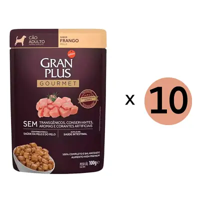 Kit 10 Rações Úmidas Gran Plus Sachê Cães Gourmet Adultos Frango 100g