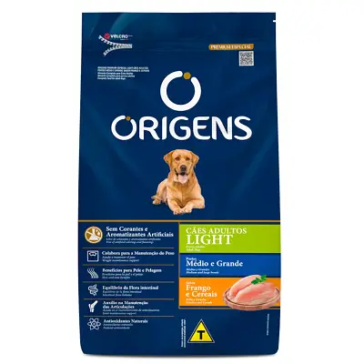 Ração Origens Cães Adultos Light Raças Médias e Grandes Frango e Cereais 15kg