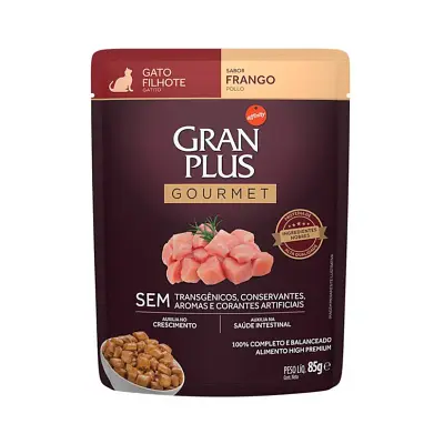 Ração Úmida Gran Plus Gourmet Gatos Filhotes Frango Sachê 85g