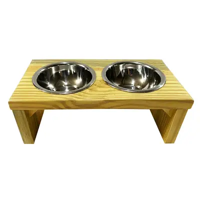 Comedouro Duplo Toronto Elevado de Madeira Com Potes Inox Luppet 400ml