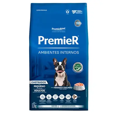 Ração Premier Ambientes Internos Cães Adultos Castrados Raças Pequenas Frango e Salmão 12Kg