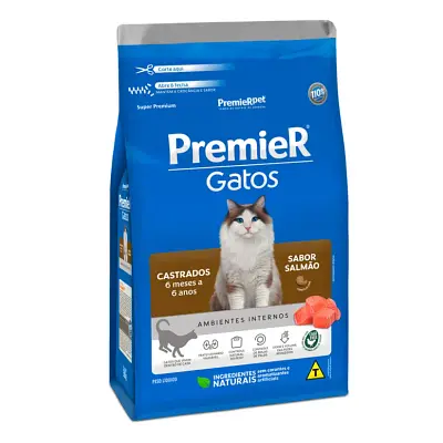Ração Premier Gatos 6 Meses a 6 Anos Castrados Ambientes Internos Salmão 1,5kg