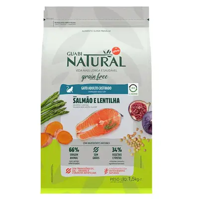 Ração Guabi Natural Gatos Grain Free Castrados Salmão e Lentilha 1,5kg