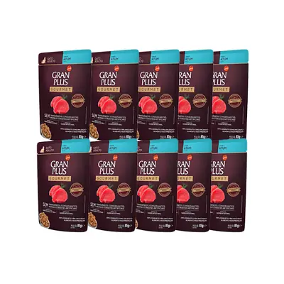 Kit 10 Rações Úmidas Gran Plus Gourmet Gatos Adultos Atum Sachê 85gr