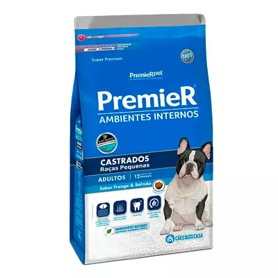Ração Premier Ambientes Internos Cães Adultos Castrados Raças Pequenas Frango e Salmão 1Kg