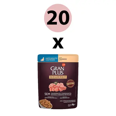Ração Úmida Gran Plus Gourmet Gatos Adultos Castrado Frango Sachê 85g com 20 Unidades