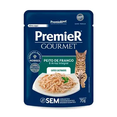 Ração Úmida Premier Gourmet Gatos Adultos Castrados Frango e Arroz Integral 70g
