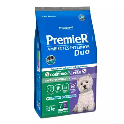 Ração Premier Ambientes Internos Cães Adultos Duo Raças Pequenas Cordeiro e Peru 12kg