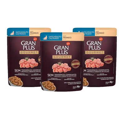 Ração Úmida Gran Plus Gourmet Gatos Adultos Castrado Frango Sachê 85g com 3 Unidades