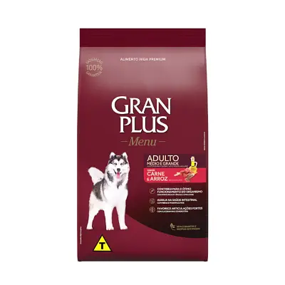 Ração Gran Plus Menu Cães Adultos Raças Médias e Grandes Carne e Arroz 20kg