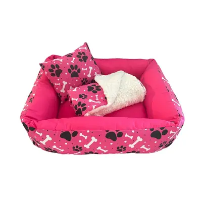 Kit Cama Manta Travesseiro CamaPet para Cães e Gatos Ossinho Pink G