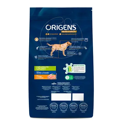Ração Origens Cães Adultos Light Raças Médias e Grandes Frango e Cereais 3kg
