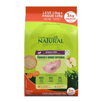 Ração Guabi Natural Cães Adultos Raças Médias Frango e Arroz Integral 13kg