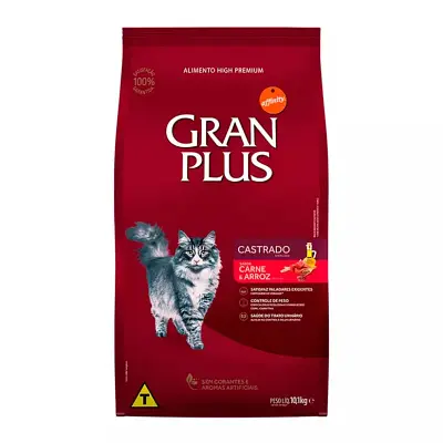 Ração Gran Plus Gatos Adultos Castrados Carne e Arroz 10,1kg