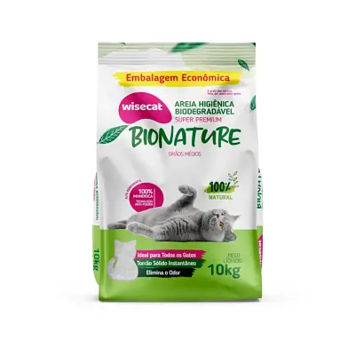 Areia Higienica Gatos Biodegradavel Bionature Grãos Médios 10Kg