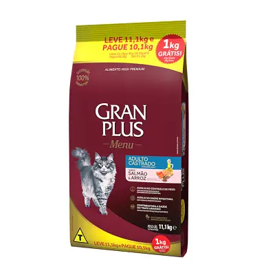 Ração Gran Plus Gatos Menu Adultos Castrados Salmão e Arroz Leve 11,1kg e Pague 10,1kg