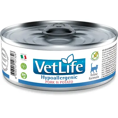 Ração Úmida Vet Life Gatos Adultos Hypo Pork Potato Lata 85gr