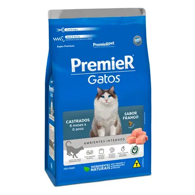 Ração Premier Gatos Castrados 6 Meses a 6 Anos Ambientes Internos Frango 1,5kg