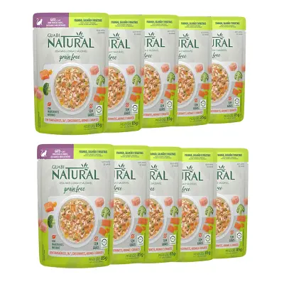 Kit 10 Rações Úmida Guabi Natural Grain Free Sachê Gatos Castrados Salmão E Frango 85g
