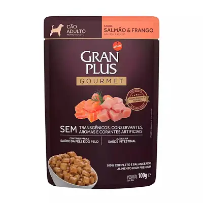 Ração Úmida Gran Plus Gourmet Cães Adultos Salmão Frango Sachê 100g