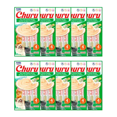 Purê Churu Petisco Cremoso para Gatos Atum e Galinha 56g Kit 10 Unidades