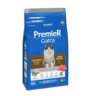 Ração Premier Gatos Castrados 6 Meses a 6 Anos Ambientes Internos Frango 500g