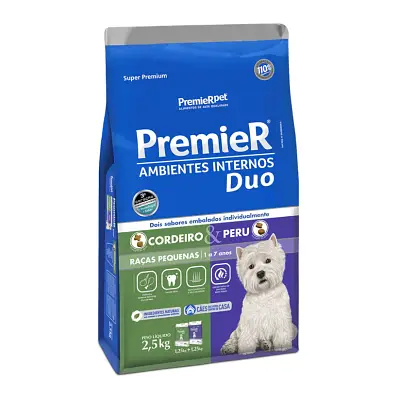 Ração Premier Ambientes Internos Cães Adultos Duo Raças Pequenas Cordeiro e Peru 2,5kg