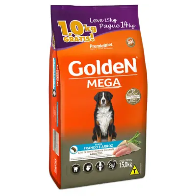 Ração Premier Golden Mega Adultos Frango e Arroz Cães Promocional 15kg