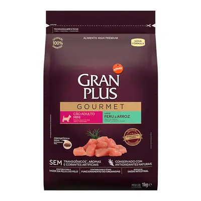 Ração Gran Plus Gourmet Cães Adulto Porte Mini Peru e Arroz 1kg