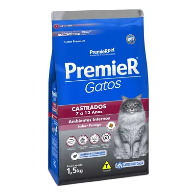 Ração Premier Gatos Castrados 7 a 12 Anos Ambientes Internos Frango 1,5kg