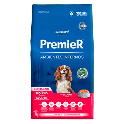 Ração Premier Ambientes Internos Cães Adultos Dermacare Raças Pequenas Salmão 12kg