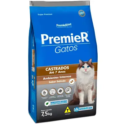 Ração Premier Gatos Castrados Até 7 Anos Ambientes Internos Salmão 7,5kg