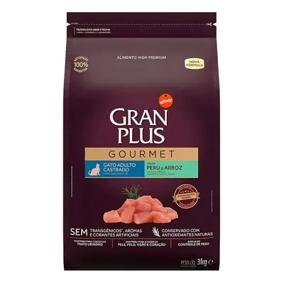 Ração Gran Plus Gourmet Gatos Adultos Castrados Peru e Arroz 3kg