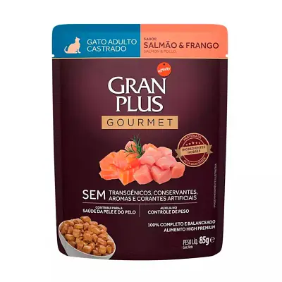 Ração Úmida Gran Plus Gourmet Gatos Castrados Salmão e Frango Sachê 85g