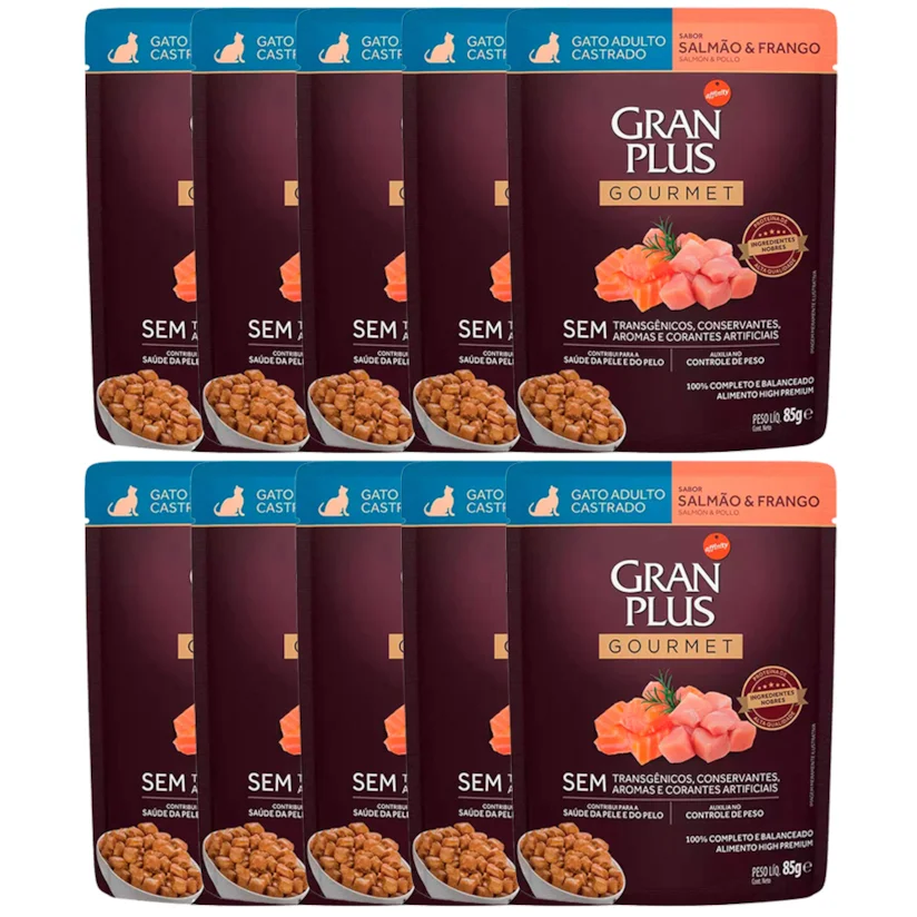 Kit 10 Rações Úmidas Gran Plus Sachê Gatos Gourmet Castrados Salmão e Frango 85g