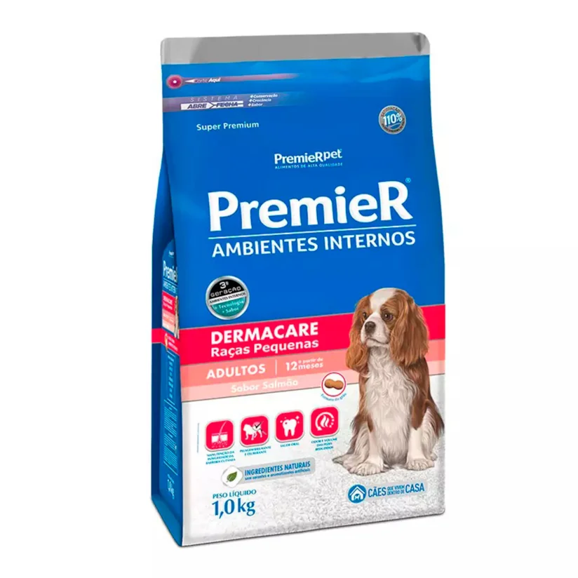 Ração Premier Ambientes Internos Cães Adultos Dermacare Raças Pequenas Salmão 1kg