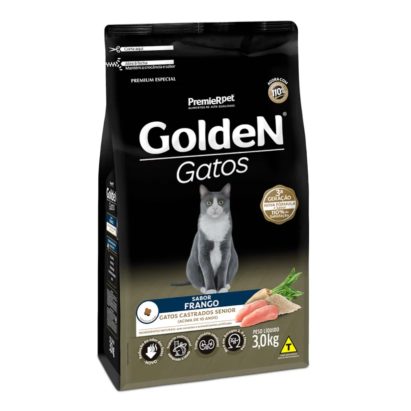 Ração Premier Golden Gatos Castrados Sênior +10 Anos Frango 10,1kg