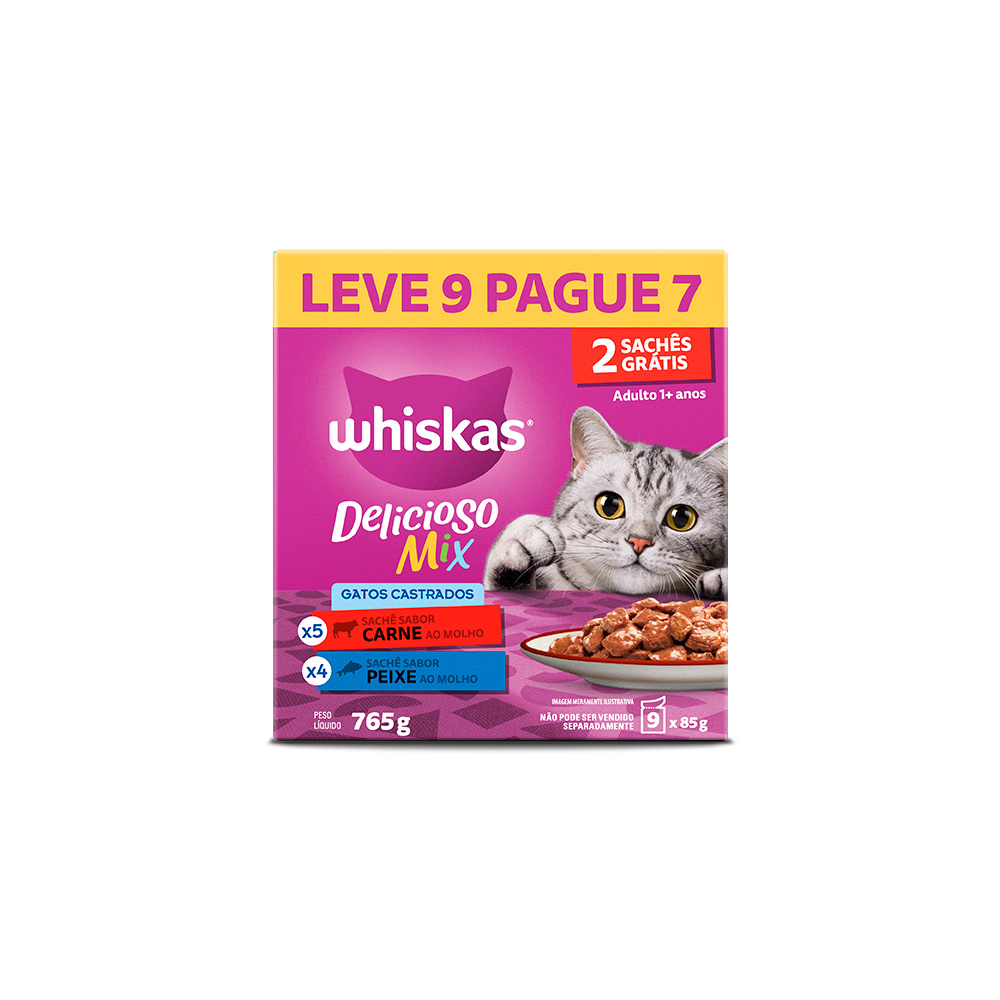 Ração Úmida Whiskas Sabor Carne e Peixe para Gatos Adultos Castrados Pack Leve 9 Pague 7