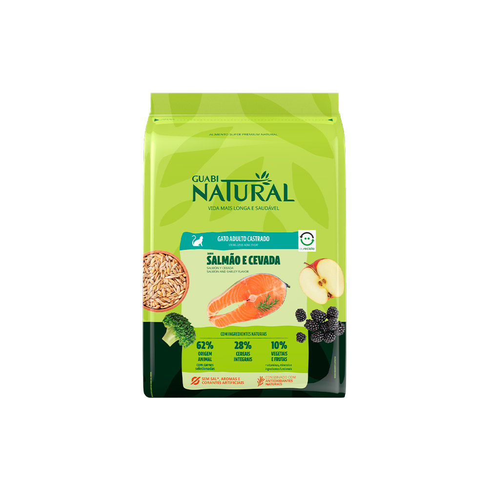 Ração Guabi Natural para Gatos Adultos Castrados Sabor Salmão e Cevada