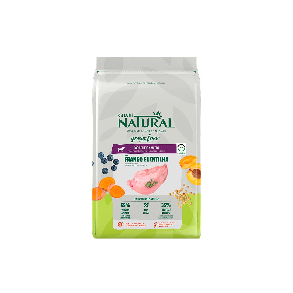 Ração Guabi Natural Grain Free para Cães Adultos de Porte Médio Sabor Frango e Lentilha