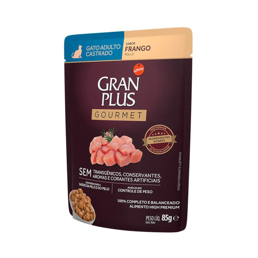 Ração Úmida Gran Plus Gourmet Gatos Adultos Castrado Frango Sachê 85g