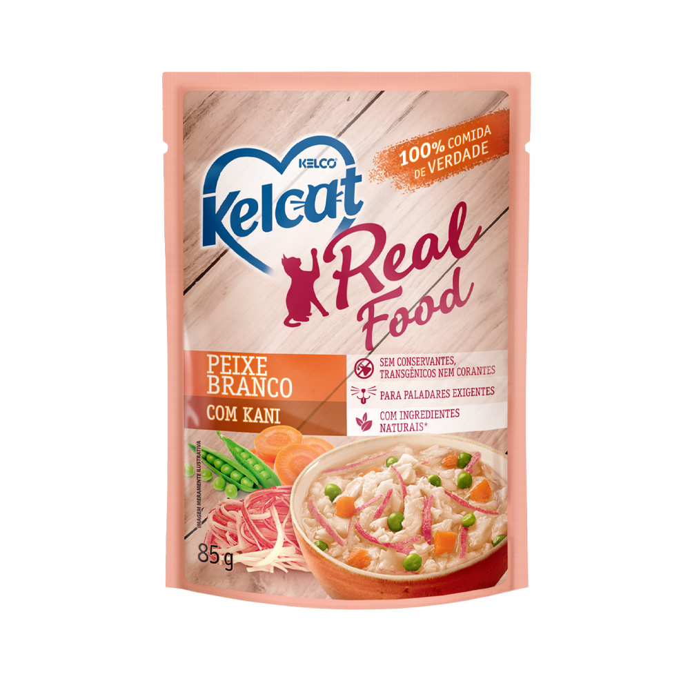Ração Úmida Kelcat Real Food para Gatos com Paladares Exigentes Sabor Peixe Branco com Kani 85g