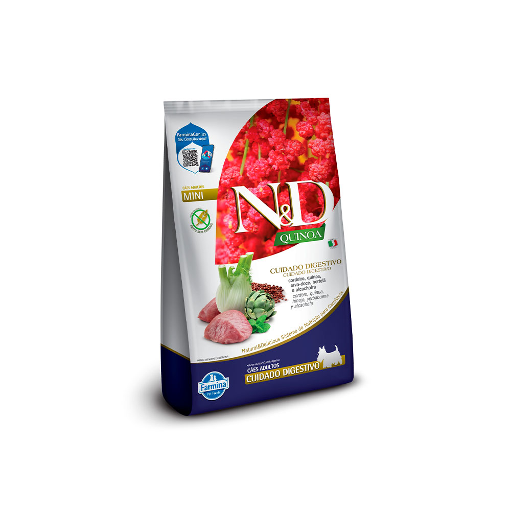 Ração N&D Quinoa Cuidado Digestivo para Cães Adultos de Porte Mini e Pequeno Sabor Cordeiro, Quinoa, Erva-Doce, Hortelã e Alcachofra
