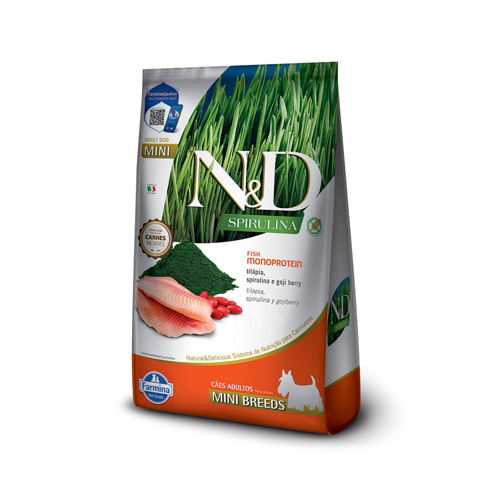 Ração Farmina N&D Spirulina para Cães Adultos de Porte Mini Sabor Tilápia, Spirulina e Goji Berry
