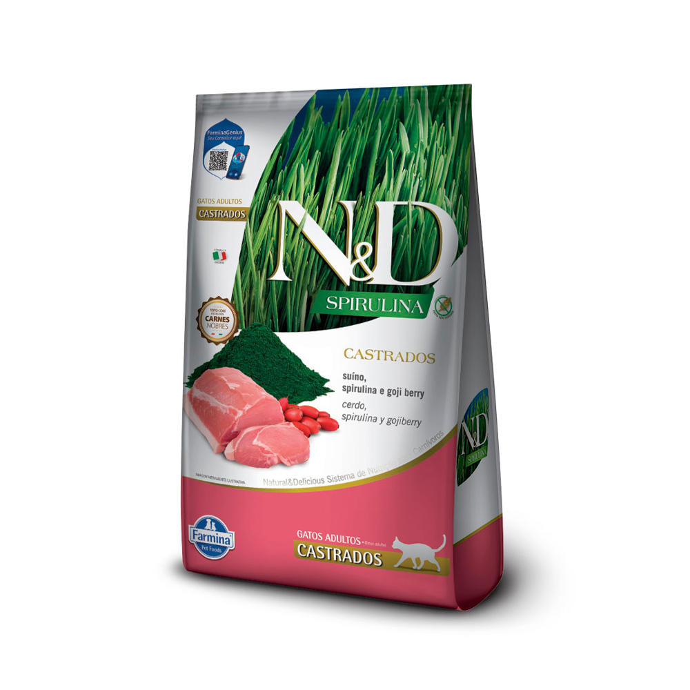 Ração Farmina N&D Spirulina para Gatos Adultos Castrados Sabor Suíno, Spirulina e Goji Berry