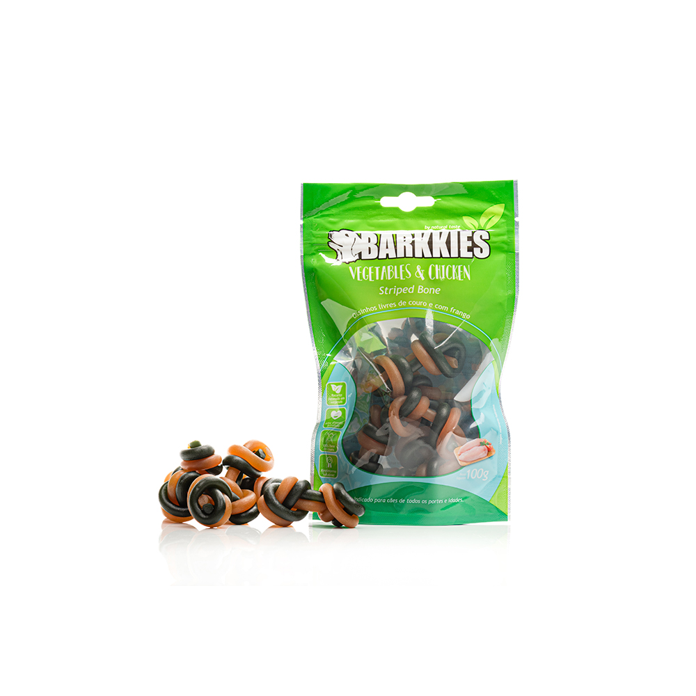 Snack Barkkies Osso Listrado de Legumes e Frango para Cães 100g
