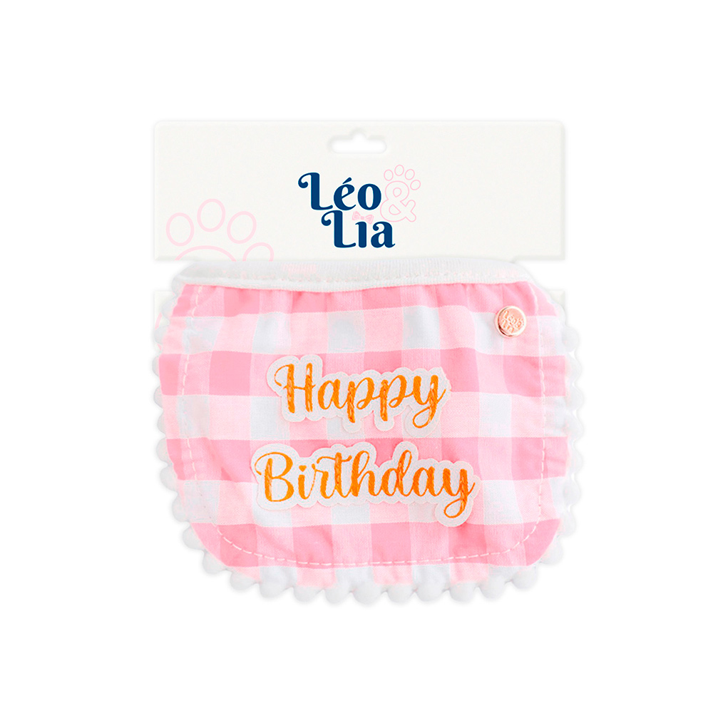 Babador Leo e Lia Happy Birthday Xadrez Rosa para Cães e Gatos